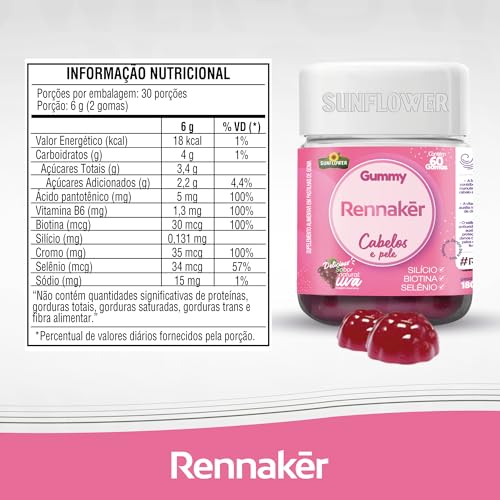 Gummy Hair Rennaker - Biotina - Silício Orgânico - Selênio - Deliciosas Gummy sabor Uva - 60 Gummy -