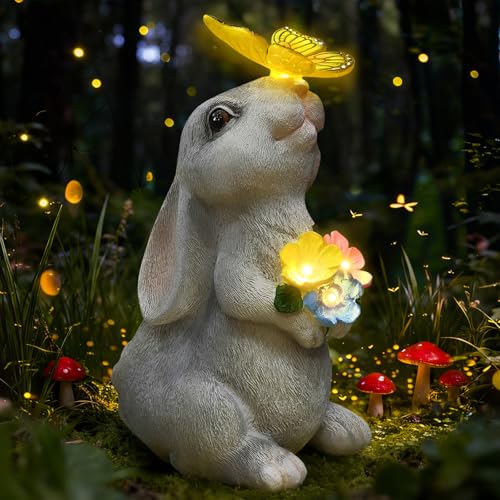 IDEA SHOW Solar Garden Statue Outdoor Decor Rabbit Figurine with Butterfly LED Lights Bunny Statue for Garden Yard Decor Lawn Ornament Valentines Day Birthday Gift for Women Mom Grandma