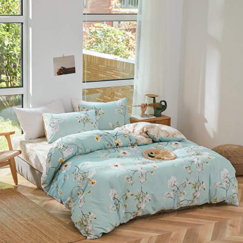Floral Duvet Cover Set Blue Flowers - Ultra Soft And Easy Care Design Summer Bedding 3Pc Duvet Cover Queen Size 90X90+ 2 Pillow Shams- 800 Tc With Zipper Closure 4 Corner Ties #TOP3
