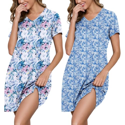 Marvmys Women 2 Pack Nightgowns Soft Short Sleeve Sleep Shirts Sleepwear V Neck Comfy Lounge Dress Nightshirts Medium Blue Flower&floral Print