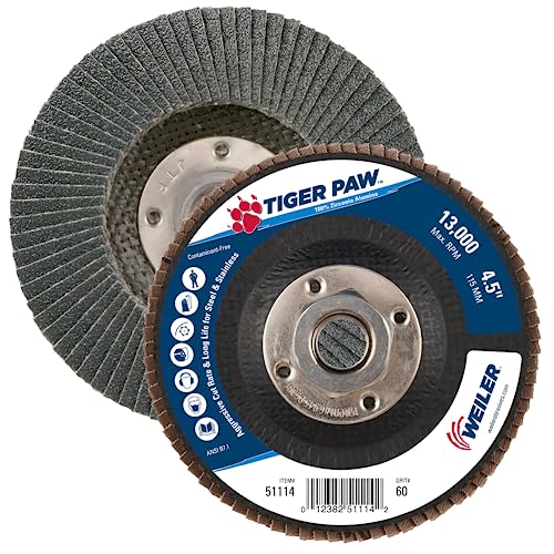 Image of Weiler 51114 4-1 /2 inch Tiger Paw Abrasive Flap Disc, Flat (Ty27), Phenolic Backing, 60Z, 5 /8 inch-11 Unc Nut (Pack of 10)