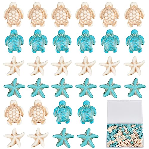 SUNNYCLUE 1 Box 200Pcs Turtle Beads Starfish Beads Bulk Blue White Synthetic Turquoise Sea Ocean Animal Bead Tortoise Summer Hawaii Loose Beaded for Jewellery Making Beading Kit Bracelets Supplies