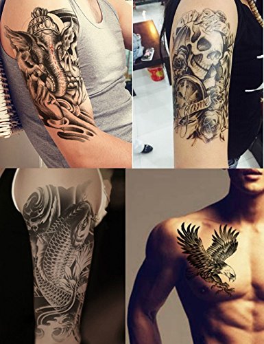 Dalin 4 Sheets Temporary Tattoos, Warrior Elephant, Dead Skull, Koi Fish, Eagle Hawks