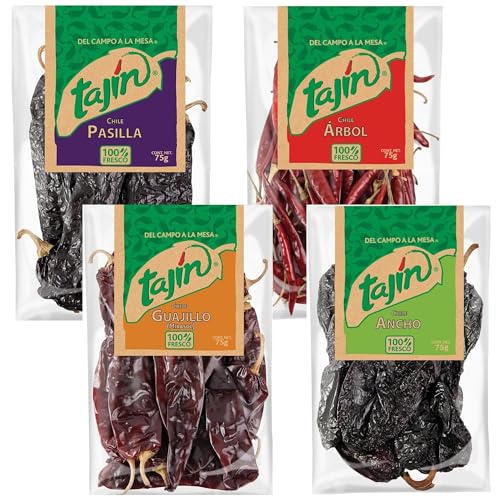 Tajin Authentic Mexican Chilli Bundle Containing 4 types of 75g Whole Dried Chillies - Guajillo, Ancho, Pasilla and Arbol