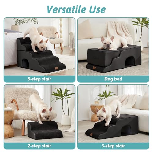 Image of COZY KISS Dog Stairs,with condo,22.4 inch H 5 Steps for Bed,Black | 5-step dog stairs and ramps for Old Cats, Puppy, Small Dogs,Non-Slip Base,for Couch & Bed,17.7x33x22.4