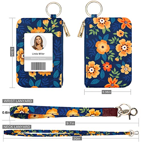 Azrra Id Badge Holder With Lanyard, Fashion Lanyard Wallet With 1 Clear Id Window, Credit Cards Coins Cash Pouch With A Detachable Neck Lanyard And A Wrist Lanyard (Floral Navy Blue) #TOP1