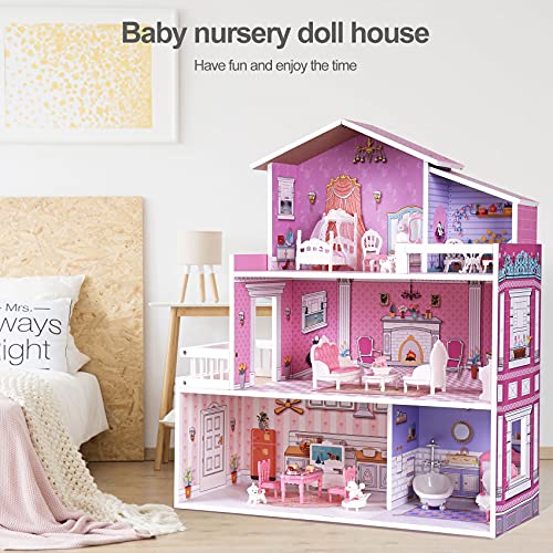 Robud Wooden Dollhouse Playset, 3 Stories, 5 Rooms, 24 Pcs Furniture, Pretend Play Toys Gift For Kids Toddlers Girls #TOP3