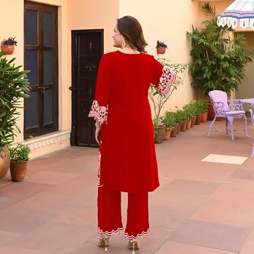 Image of BHARVITA Women's Cotton Lucknowi Embroidered Chikankari Work Straight Kurta with Pant Set for Every Occasion