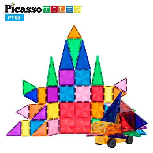 Picassotiles 63 Piece Magnetic Building Block Construction Toy Set Diamond Magnet Tile Blocks With Car Truck Stem Learning Kit Early Education Builder Playset Toys For Children Toddler Boy Girl Age 3+ #TOP5