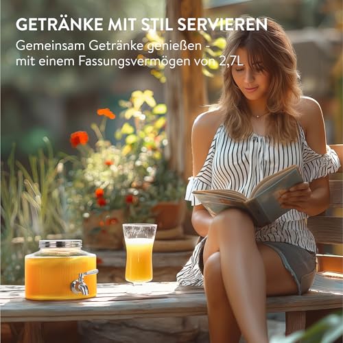 Navaris Getränkespender mit Zapfhahn - Bowle Gefäß mit Deckel - Getränkespender Glas mit Zapfhahn - Wasserspender Glas - Limonadenspender - Saftspender - 2,7 Liter