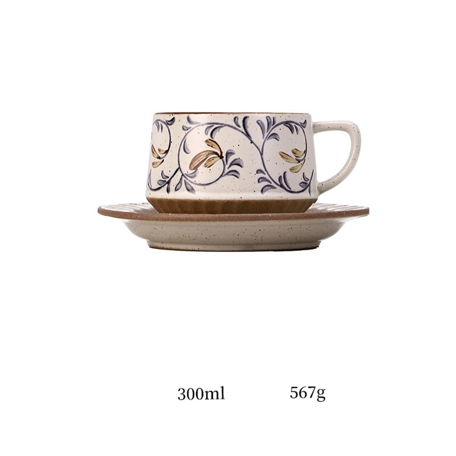 Taza Juego de taza café/té cerámica retro con platillo y estampado plantas, 300 ml Oficina