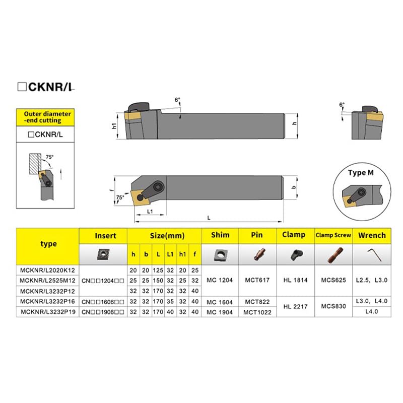 1pc CNMG Carbide Inserts MCKNL2525M12 MCKNL2020K12 MCKNR2525M12 External Turning Tool Holder MCKNL Lathe Cutting Tools(No Insert)(MCKNR3232P12)