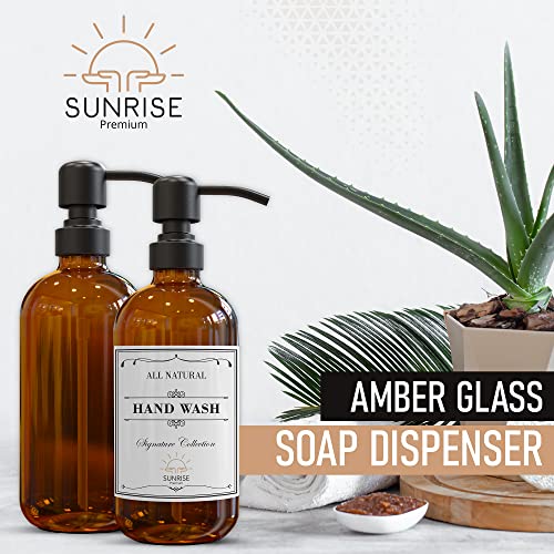 Image of Sunrise Premium 2 Pack Amber Glass Soap Dispenser 16 OZ with Matte Black Stainless Steel Pump, Hand and Dish Soap Dispenser Set for Bathroom and Kitchen Sink with 6 Waterproof Labels