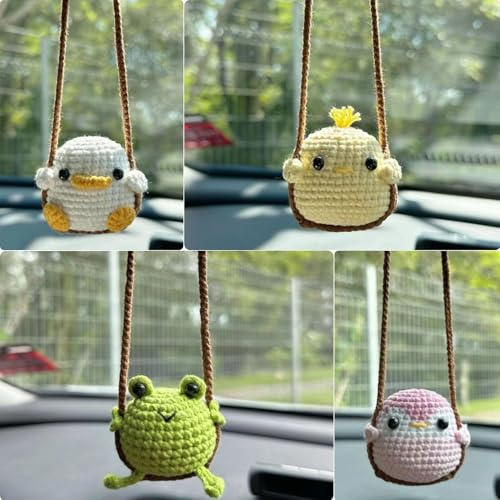 Image of Crochet Swinging Bunny Car Mirror Hanging Accessories, Cute Car Decorations for Women Aesthetic, Handmade Knitted Rearview Mirror Car Accessories Home Office Car Mirror Decor