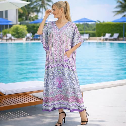 Image of Miss Lavish London Purple Ethnic Print Kaftan Dresses for Women V Neck Batwing Sleeve Beach Vacation Bikini Swimsuit Cover,Plus Size African&Dubai Caftan Maxi Beach Dress with Side Slits-Purple-2XL