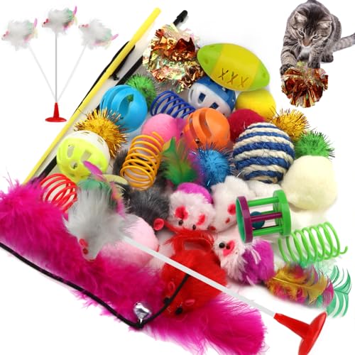 QUOZUO 32 Pack Cat Toys Variety Pack – Cat Balls, Feathers, Mice, Crinkle Balls, Catnip Toys for Indoor Kittens