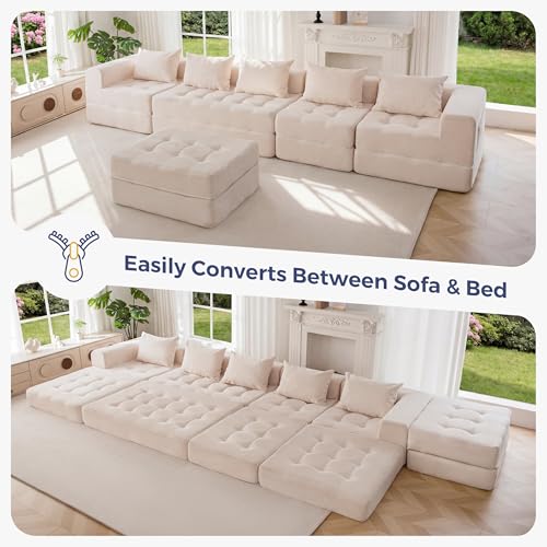 Image of MAXYOYO Modular Sectional Sofa Couch, Foldable U Shaped Cloud Couch with Pillows, Tufted 6-Seat Boneless Lounger Sofa for Living Room, No Assembly Required, Beige