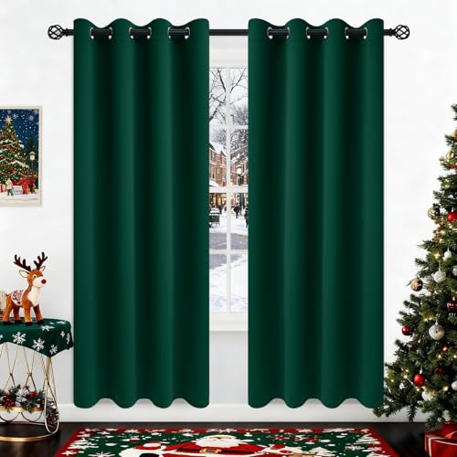 Image of COSVIYA Grommet Blackout Room Darkening Dark Green Curtains 72 inch Length | Thick Polyester Light Blocking Insulated Thermal Window Curtain Drapes for Bedroom /Living Room,52x72 inches,2 Panels
