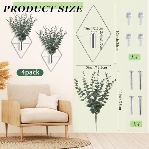Image of Jexine 8 Pcs Hanging Planters with Artificial Eucalyptus Metal Hanging Vase Indoor Plants Holder Modern Geometric Boho Bathroom Wall Decor for Living Room Home Office (Eucalyptus,Silver)
