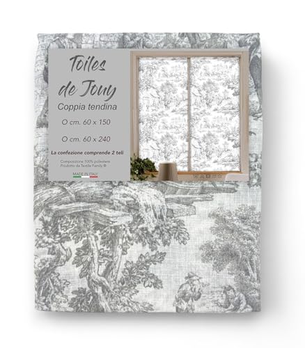 tex family Paire de Rideaux en Verre Toiles DE JOUY Gris Large 60 cm par fenêtre et Porte - Paire (2 Toiles) 60 x 240 cm