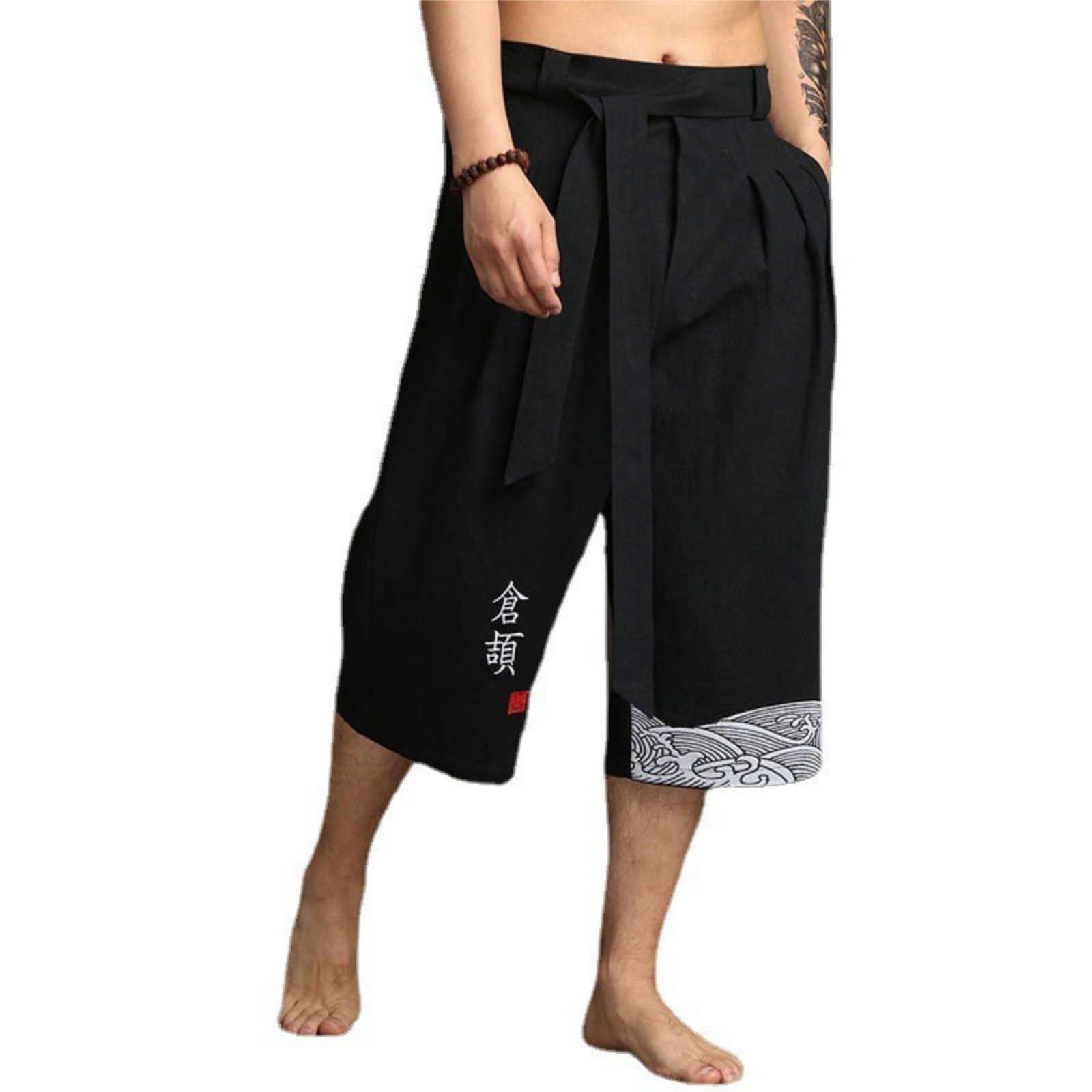 Kirakuco Pantaloni Giapponesi Uomo 3/4 Estivi Cotone Lino Pantaloni Baggy Uomo Yoko Pantalone Giapponese Larghi Taglie Forti Japan Casual Pantalone Stile Giapponese