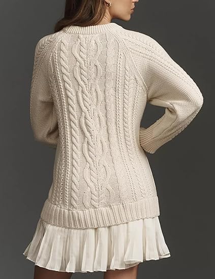 Women Crewneck Cable Knit Sweater Mini Dress, Twofer 2 Piece Set Patchwork Pleated Knit Pullovers Mini A-line Dresses3