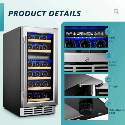 Image of EUHOMY 15 Inch Wine Fridge, 33 Bottle Dual Zone Wine Cooler Refrigerator with Glass Door, Built-In or Freestanding Wine Refrigerator with Digital Temperature Control, for Home, Bar, Office