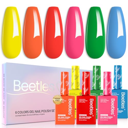 Beetles Gel Nail Polish Set, 6 Colors Hema-Free Neon Rainbow