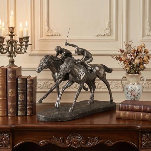Ferricult Statue de Cheval en Bronze, 2 Jockeys, Sculpture de Cheval Course, décor équestre en résine pour la Maison et Le Bureau (12x10x5 Pouces), décor