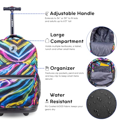 Image of J World Sunrise Kids Rolling Backpack with Wheels for Girls Boys, Roller Bookbag for School, 18 x 13 x 9 Inches, Quantum
