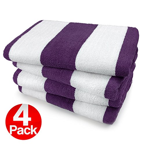 Kaufman- Purple Cabana Stripe, Large Beach and Pool Towel Set of 4. 100% Cotton Maximum Absorbency and Softness