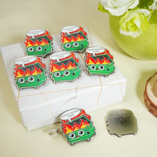 Image of CHURYUML 6Pcs Emotional Dumpster Fire Enamel Pins Set - Funny Everything is Fine Brooch Pins, Cute Button Pin for Backpacks Clothes Hats Bags Motivational Dumpster Fire Gifts for Women & Men