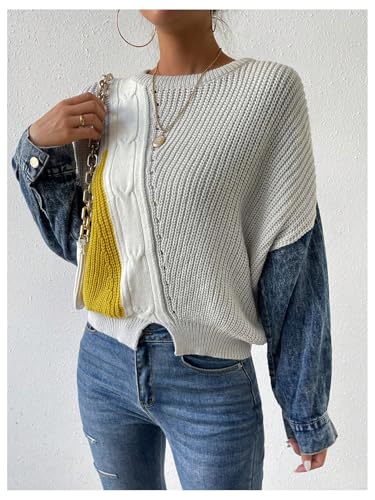 MakeMeChic Women's Patchwork Crew Neck Sweater Asymmetrical Long Sleeve Drop Shoulder Knit Pullover Top4