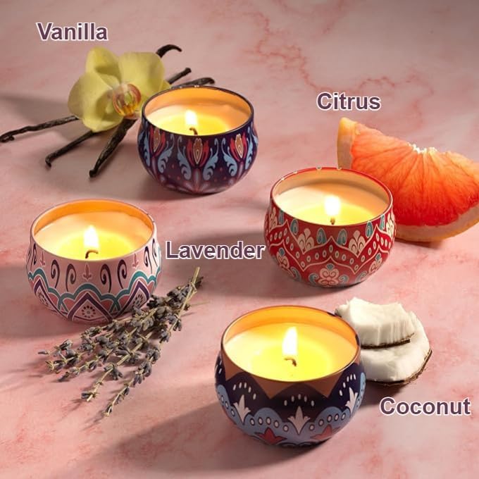 Candles Gift for Women, Scented Candles, 10% Essential Oil Aromatherapy Candle, 4 Pc Stress Relief Gifts for Women, 120h Burning Soy Candles for Home, Birthday, Mother's Day Gifts for Men - Image 3