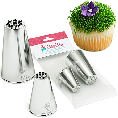 CukkiCakes Kit de 2 douilles à pâtisserie professionnelles à herbe (133 et 234), pour décorer les gâteaux et cupcakes - Compatible avec poche à douille...
