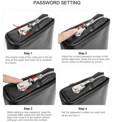 Image of Top Grain Genuine Leather Handbag Wallet for Man & Woman, Handmade Retro Design, Combination Lock & Retractable Hand Strap & Multi Pockets /Slots, Portable RFID for Cards /Checks /Phone /Banknote, Black