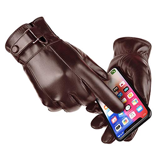 AZYOUNG Luvas masculinas de couro sintético macio para inverno outono preto marrom e veludo grosso p