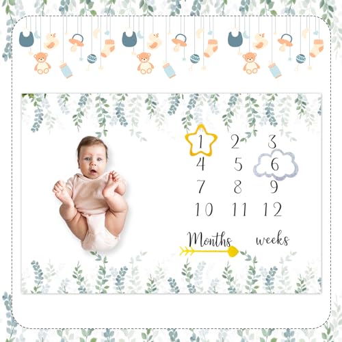 Image of Baby Milestone Blanket 60''x40'' Eucalyptus Leaves Newborn Photography Props Blanket for Boy & Girl Personalized Shower Props Baby Age Blanket to Record Baby Milestones with Frame
