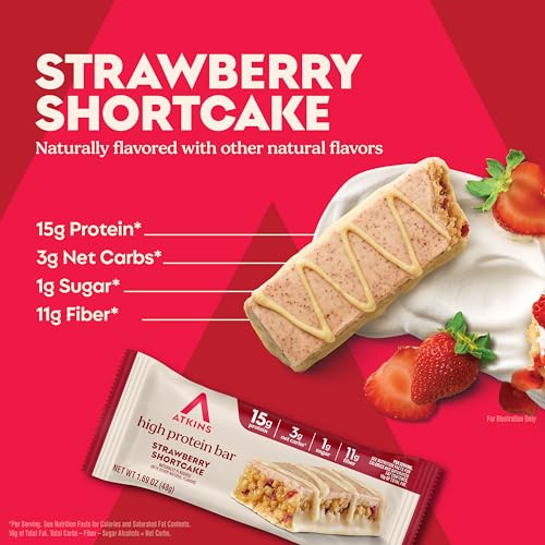 Image of Atkins Strawberry Shortcake Flavor High Protein Bar, 15g Protein, 24 Count | 15g Protein, 1g Sugar, 3g Net Carb, Rich in Fiber, Keto Friendly, Individually Wrapped 1.69oz Bars, 6 Packs of 4 Count Bars