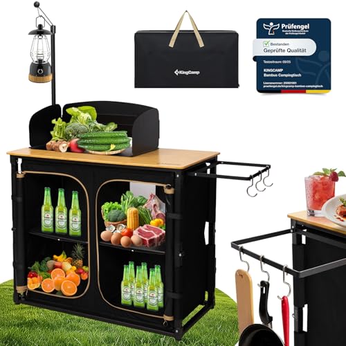 KingCamp campingschrank faltbar, Outdoor Campingschrank aus Aluminium und Bambus, tragbarer Campingküche klappbar Windschutz&Lampenhalter, Campingmöbel für BBQ Picknicks, Camping