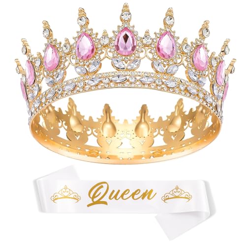 GreatMH Rhinestone Queen Crown with Sash Women's Tiara Costume Headwear