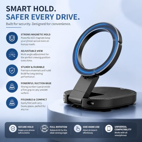 Image of GK ELITE 3-in-1 Magnetic Suction Cup Phone Mount with 18 Suction Cups, 360 Degree Rotatable Foldable Mobile Holder and Adjustable Stand for Car, Gym Equipment, Kitchen, Office and Home