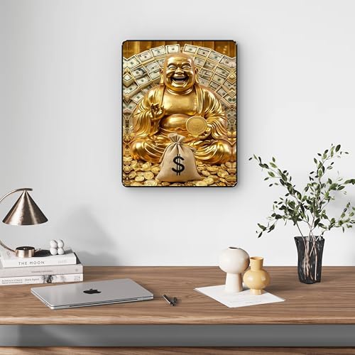 Image of SAF Golden Laughing Buddha Wealth Wall Art | Money Blessing Painting with Sparkle Lamination | Vastu Decor for Home Office Shop Positive Energy and Prosperity (14 Inch x 11 Inch) K-36113