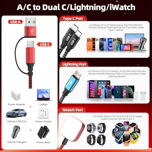 Image of Cruise Essentials 2026 for Apple Watch Charger,Travel /Camping /Vacation Essentials Dual Type-C 4 in 2 Multi Charging Cable, iWatch Charger, Compatible with iWatch 11-2 /Ultra /iPhone 17-8,Car Charger 5FT
