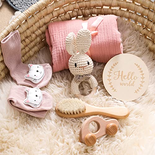 Baby Gift Shower Set, 7-Piece Newborn Gift Set, Baby Blanket Newborn Rattle Socks Wooden Cars And Milestones, Keepsake Gifts For Boys And Girls (Bunny) #TOP3