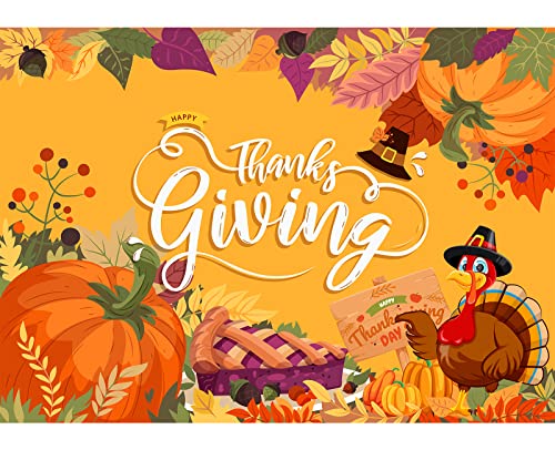 Image of Thanksgiving Backdrop, 84 inch x 60 inch Orange Polyester Thanksgiving Banner with Pumpkin, Maple Leaf & Turkey Design, Great for Photo Booth, Wall Decor, Party Supplies