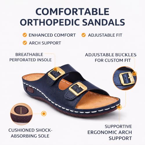 Image of ORTHO JOY Orthopedic Comfort Sandals for Women | Adjustable Buckle Slides with Arch Support | Cushioned Shock Absorbing Sole