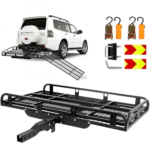 XTHAPY Trailer Hitch Cargo Carrier with Ramp 1250LBS Aluminum Hitch Cargo Carrier 55x34x9 Folding Wheelchair Carrier for Car Mobility Scooter Carrier with 2 Receiver for Truck SUV Van