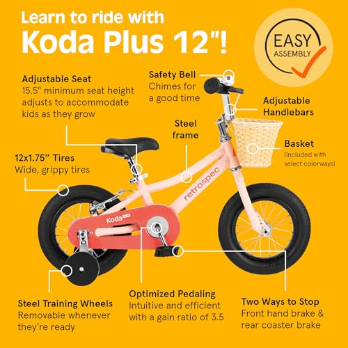 Image of Retrospec Koda Plus Kids Bike for Boys & Girls Ages 2-3 Years - 12 inch Children's Bicycle, Adjustable Seat & Handlebars, Removable Training Wheels, Front Hand Brakes, Rear Coaster Brake & Safety Bell