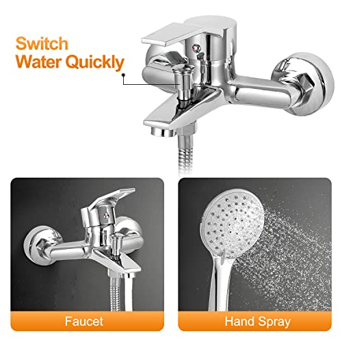 Badewannenarmatur mit Brause, Wannenarmatur Chrom, Mischbatterie Badewanne mit Druckschalter, Armatur Badewanne H59 Messing, Armatur Badewanne Dusche mit Handbrausehalter - Image 4